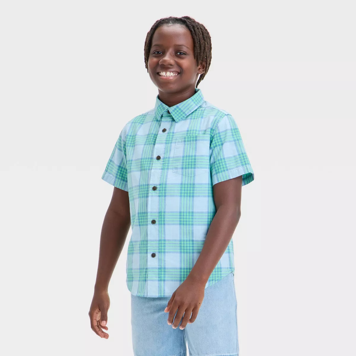 Boys' Short Sleeve Plaid Poplin Button-Down Shirt - Cat & Jack™ | Target