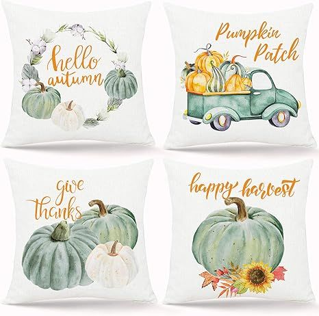 Whaline 4 Pieces Fall Pillow Covers Green Pumpkin Throw Cushion Cover Hello Autumn Pillow Case Cu... | Amazon (US)