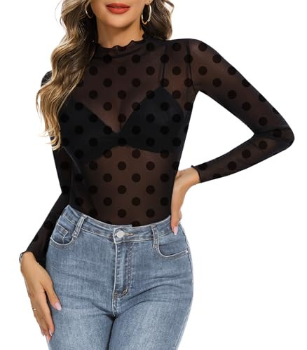 Lace Long Sleeve Tops for Women See Through Sheer Mesh Sexy Tops Polka Dot Mock Neck Shirts Party Club Night Blouses | Amazon (US)