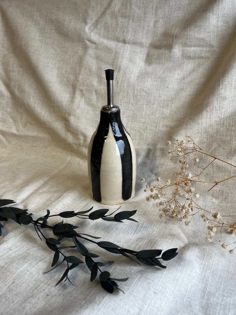 Stripe Ceramic Oil Pourer, 200ml Handmade Bottle, Oil Decanter, Refillable Oil Cruet, Cork Top Oi... | Etsy (US)