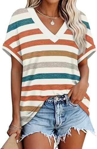 WIHOLL Womens Short Rolled Sleeve Shirts Oversized V Neck Tshirts Plus Size Summer Tops 2026 Dres... | Amazon (US)