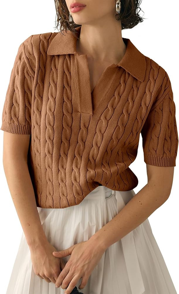 Imily Bela Women's Cable Short Sleeve Sweaters Tops Solid Lapel V Neck Knit Casual Soft Pullover ... | Amazon (US)