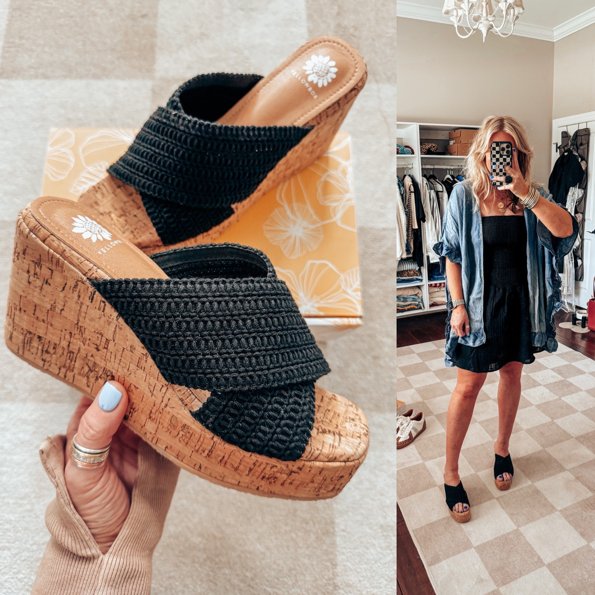 These black cork wrapped sandals are so cute and so cute and adorable with this dress. Sandals - true to size, Dress - M, denim kimono - @threebirdnest link is 👉🏼 https://collabs.shop/xv9nn7

Yellow Box is giving $25 OFF $85+ on everything — just for 48 hours 5/10-5/11! Use code 25MOMFS and shop before it’s over!” 
#yellowboxshoes #yellowboxfootwear #summershoes 

#LTKShoeCrush #LTKStyleTip #LTKFindsUnder100