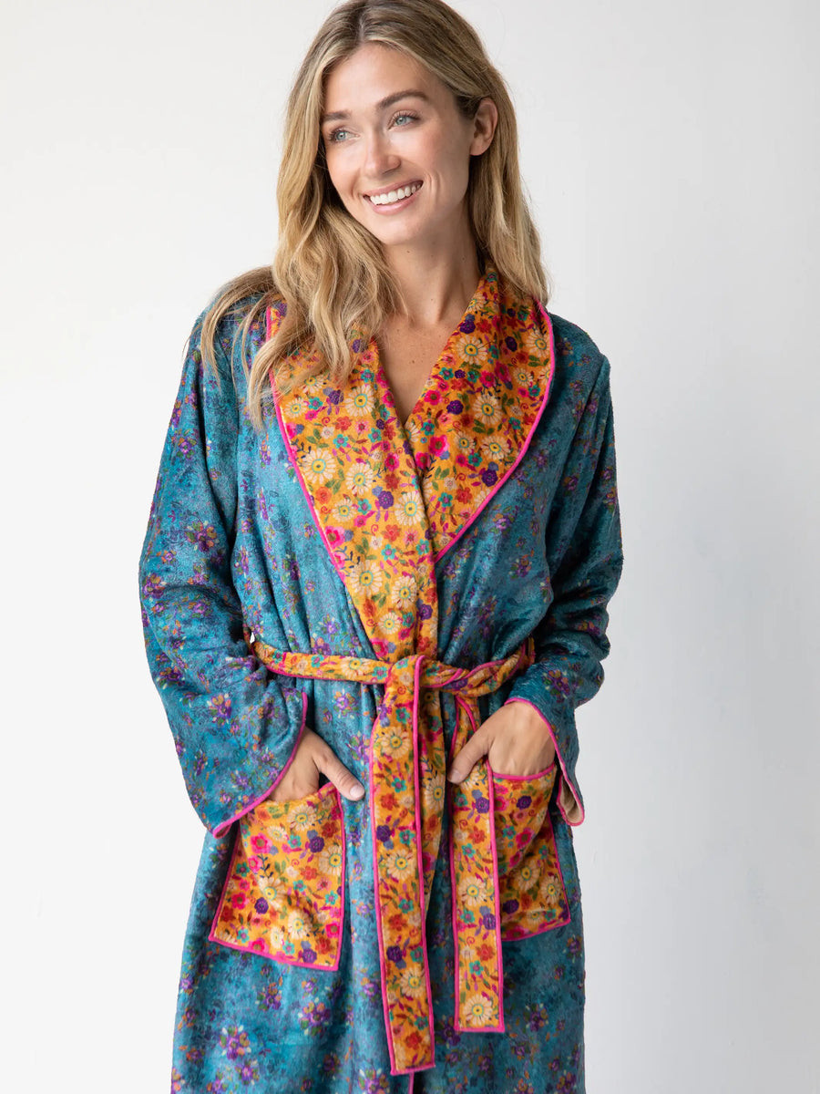 Cozy Blanket Robe - Teal Mustard Floral Mix | Natural Life