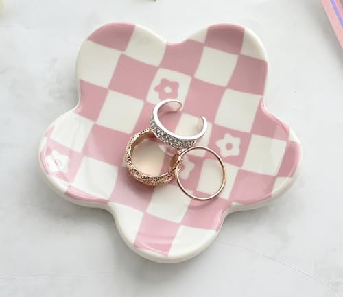 Pink Checkered Jewelry Dish, Cute Flower Trinket Tray for Rings & Earrings, Trendy Teen Girls Bir... | Amazon (US)