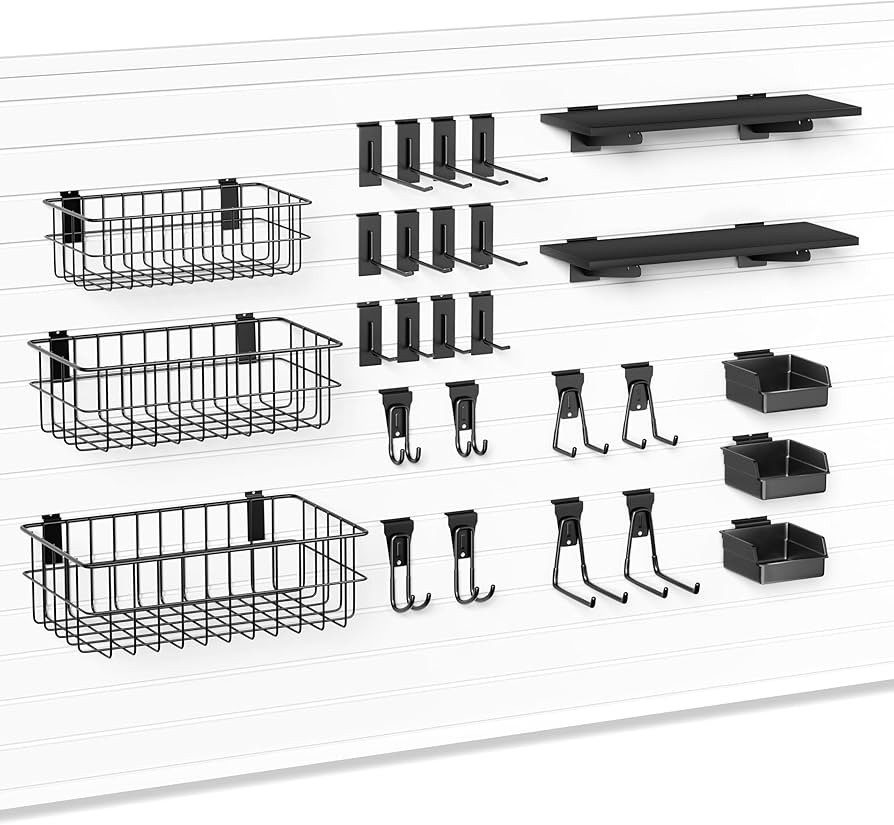 35-Piece Metal Slatwall Accessories Set for Garage Storage, Includes Wire Baskets, Heavy-Duty Hooks, Shelves & Bins, Fits Standard Slatwall Panels | Amazon (US)