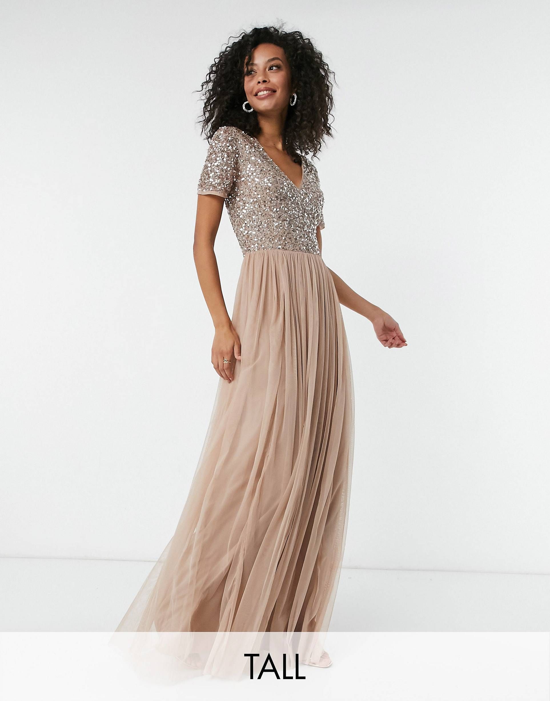Maya Tall Bridesmaid short sleeve maxi tulle dress with tonal delicate sequins in muted blush | ASOS (Global)