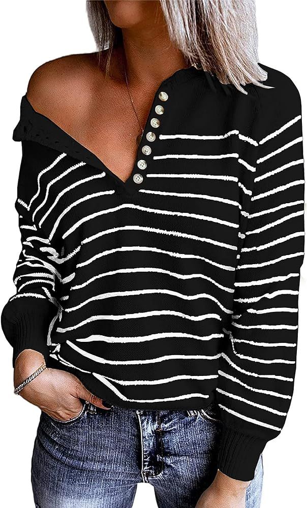 BTFBM Women's Sweaters Casual Long Sleeve Button Down Crew Neck Ruffle Knit Pullover Sweater Tops So | Amazon (US)