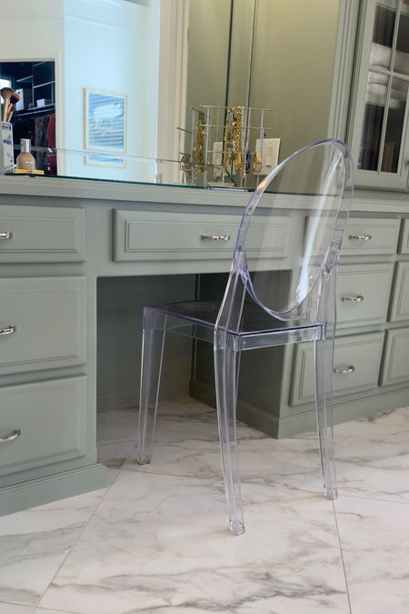 Acrylic chair for a dressing vanity. Easy to clean and super chic! 

#LTKfindsunder100 #LTKhome #LTKbeauty