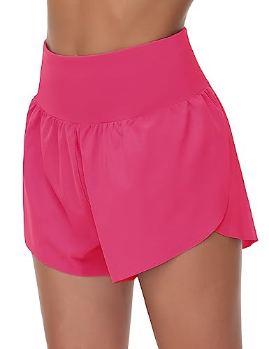 THE GYM PEOPLE Women's High Waisted Running Shorts Mesh Liner Side Split Workout Shorts Zipper Pocket Bright Pink | Amazon (US)