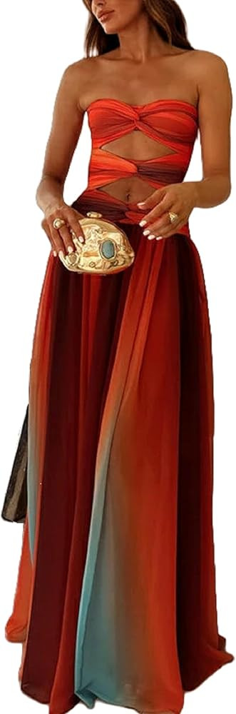 Seyumixi Women Tie Dye Maxi Dress Strapless Gradient Hollow Out Long Dress Summer Off Shoulder Fl... | Amazon (US)