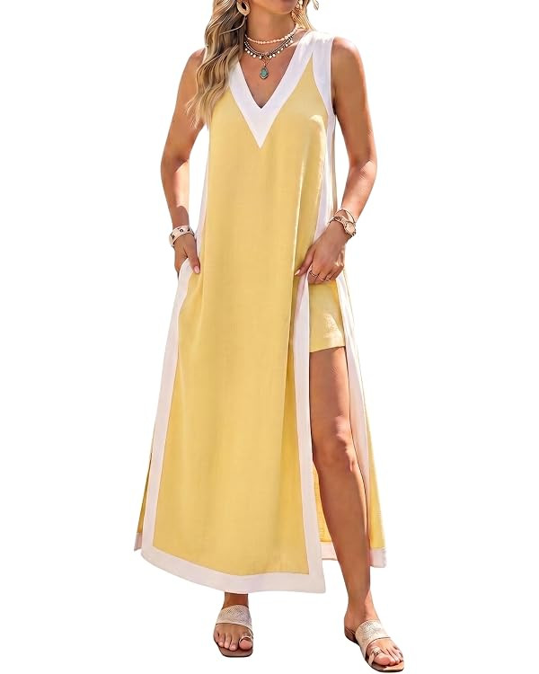 Hooever Women's 2 Piece Dress Sets Color Block Sleeveless V Neck Maxi Dress Matching Shorts with ... | Amazon (US)