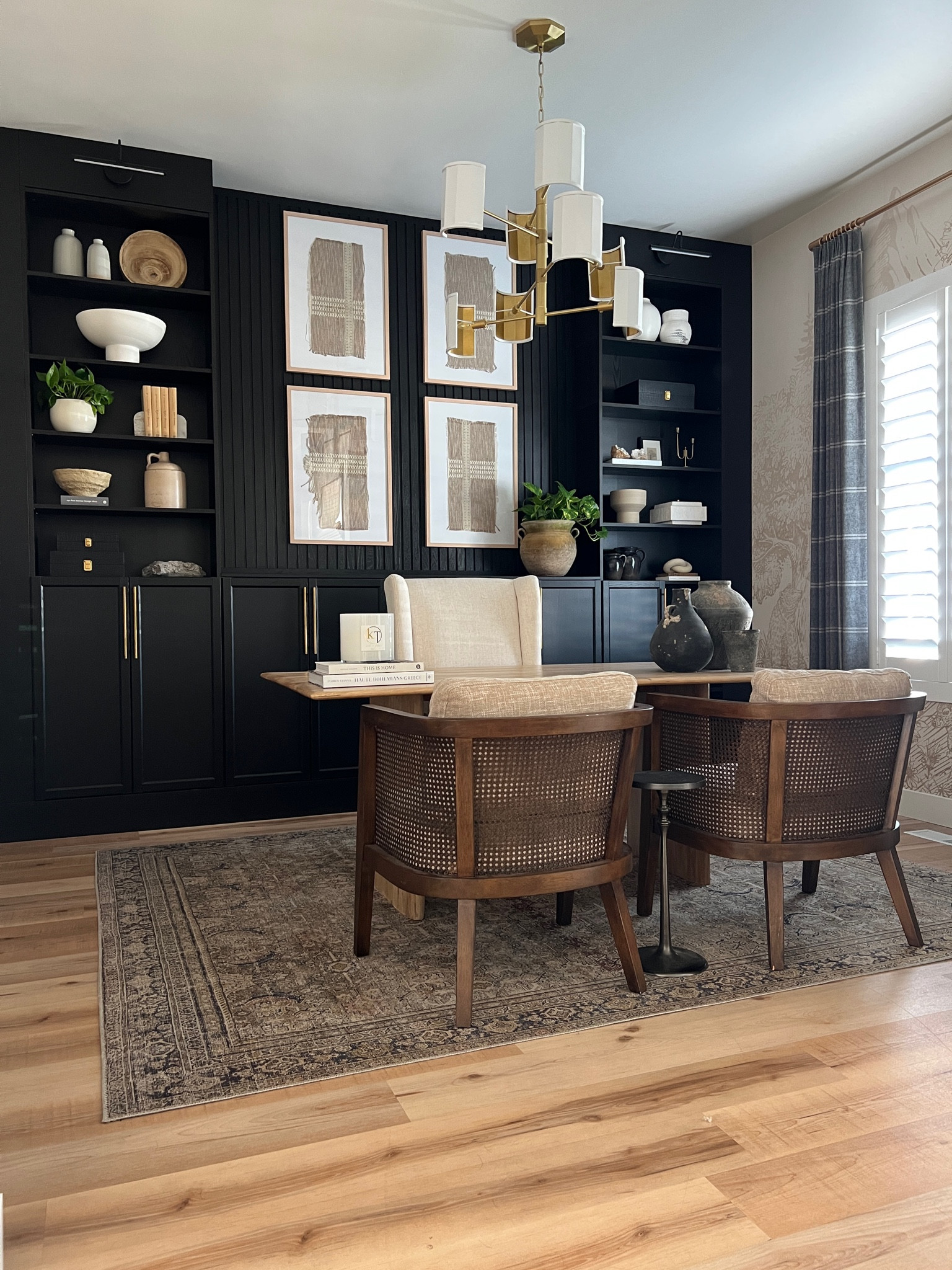 Home Office with black moody built in bookshelves and cane chairs 

#LTKunder100 #LTKunder50 #LTKhome