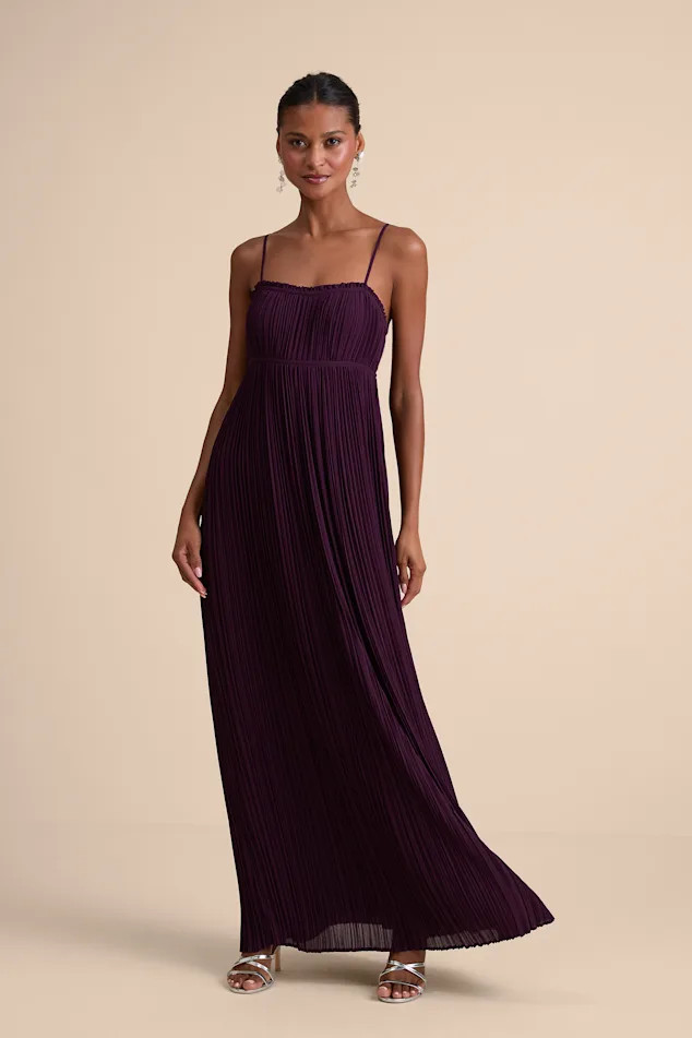 Delina Plum Plisse Chiffon Tie-Back Maxi Dress | Lulus