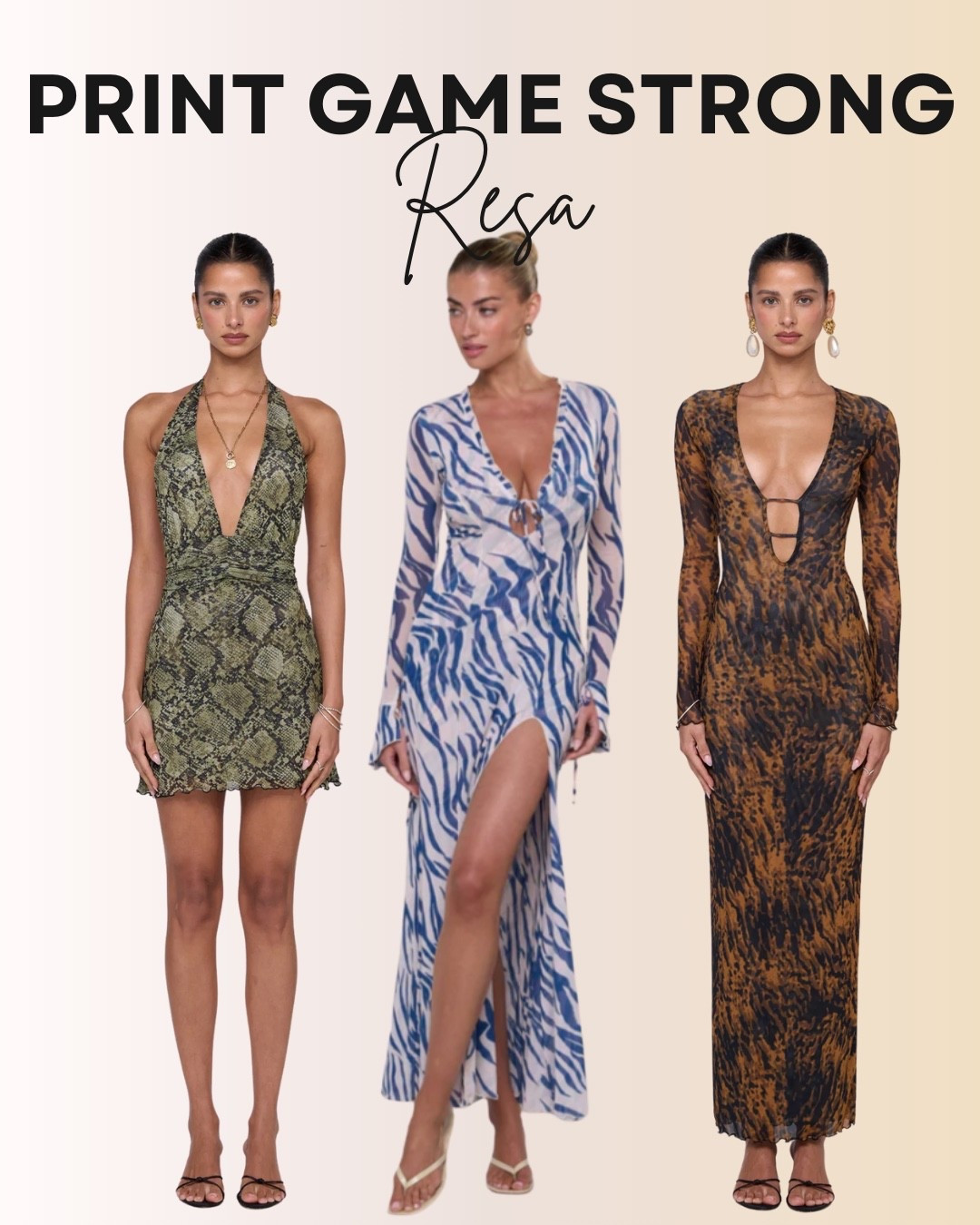 Make a statement in these bold Resa prints, perfect for turning heads day or night. From the green snakeskin mini to the blue and white zebra slit maxi, and the fierce brown and black plunge dress, each piece brings fearless style to your wardrobe. 🐍✨ #PrintGameStrong #ResaDress #LTKStyle #StatementDress #LTKNightOut #AnimalPrintDress #LTKUnder100 #BoldFashion

#LTKTravel #LTKParties #LTKSeasonal