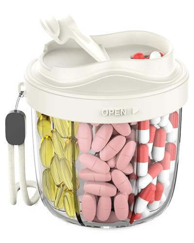 Pill Organizer with 7 Compartments, Pill Box Case for Holding 7 Different Vitamins, Anti-Mix Design for Easy Medication Retrieval. Travel Pill Organizer with 20 Labels. Cute Pill Dispenser（ Beige） | Amazon (US)