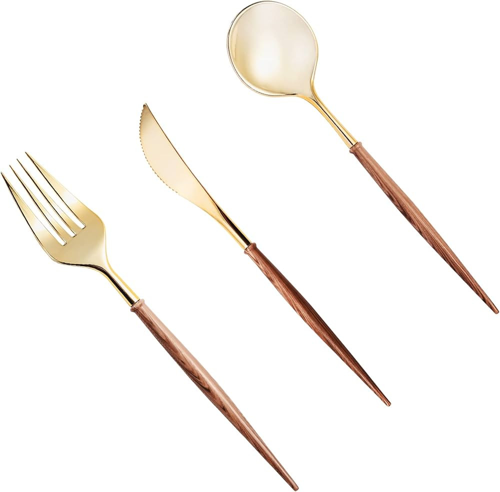 Lullaby 60pcs Gold Plastic Silverware, Gold Disposable Cutlery with Wood Grain Handle Include 20 ... | Amazon (US)