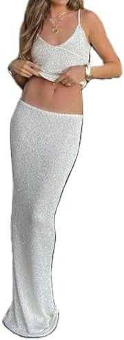 Women Two Piece Skirt Outfits Sleeveless Spaghetti Strap Scoop Neck Cami Tops Bodycon Maxi Skirts... | Amazon (US)