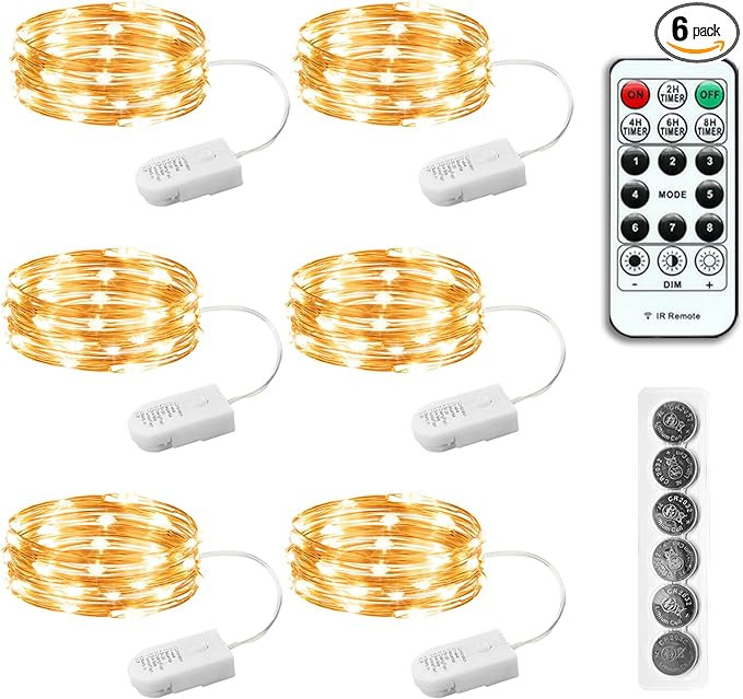 6PCS Fairy Lights Battery Powered with Remote, 7ft 20LEDs Warm White Twinkle Mini Lights with Tim... | Amazon (US)