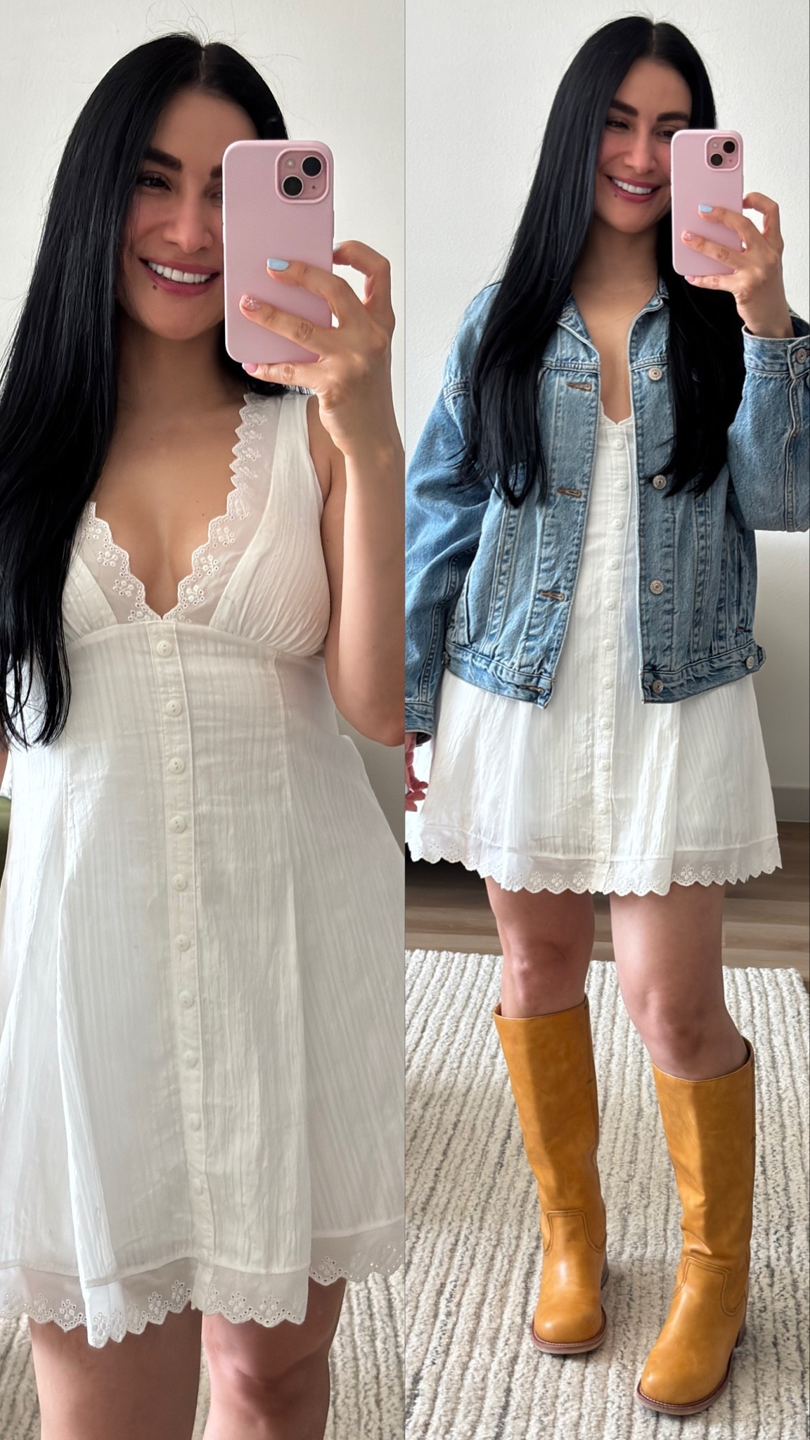 White dress outfit • White mini dress • Lace trim dress • Feminine style • Romantic dress • Denim jacket outfit • Western boots • Country chic • Soft girl aesthetic • Cottagecore style • Summer to fall outfit • 🤍✨🩵🤠

#LTKootd #LTKU #LTKgrwm