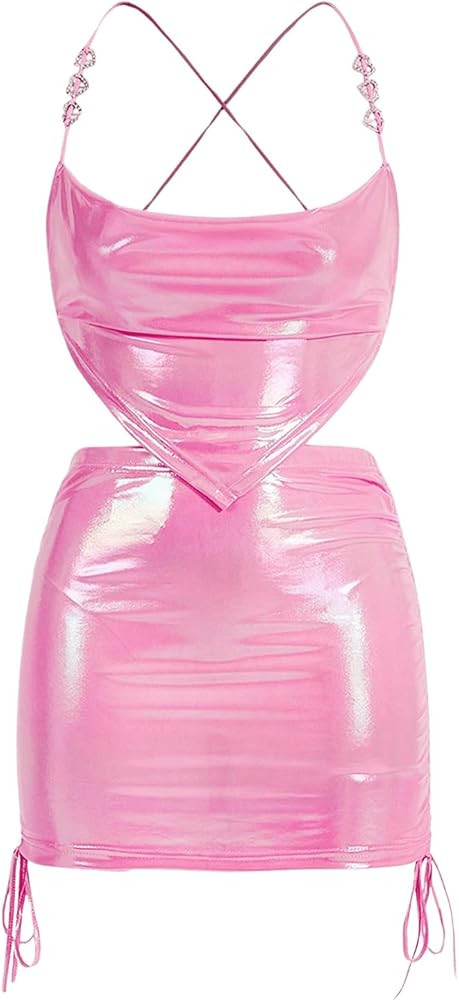 WDIRARA Women's 2 Piece Outfits Metallic Chain Strap Ruched Crop Cami Top and Drawstring Side Bod... | Amazon (US)