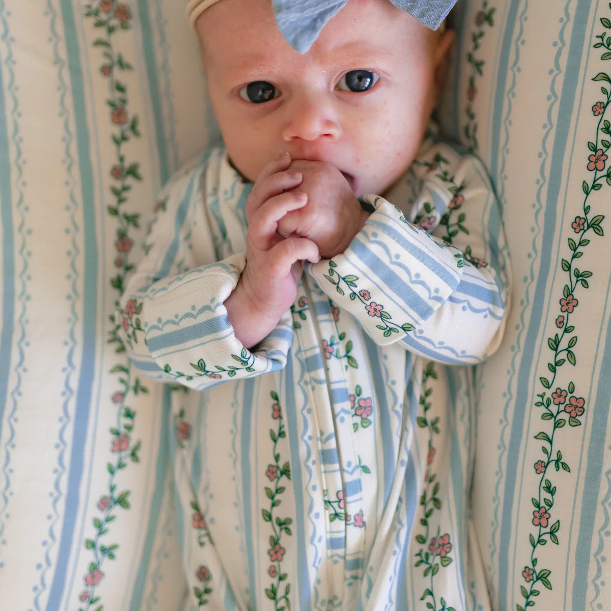 Infant Romper in Blue Striped Floral | Silks Design