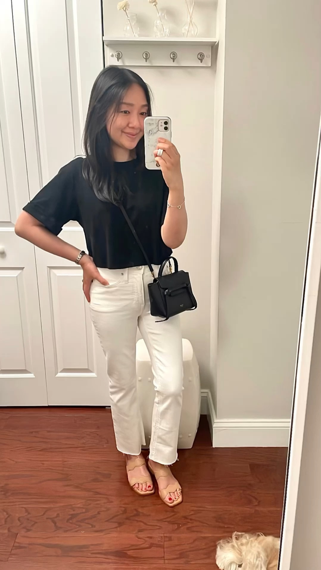 Cropped tee in size S is 17" total length which is the perfect petite friendly length. I also have it in white if you check my other LTK posts and I just ordered it in navy.

J.Crew white jeans in size 26 regular are ankle length on me. Note that the ecru color runs really big so I only kept the white color.

Nude sandals run 1/2 size bigger so I took 6.5 instead of my usual size 7.

Celine pico belt bag 

I'm 5' 2.5" and currently 115 pounds.

#LTKFindsUnder100 #LTKOver40 #LTKFindsUnder50