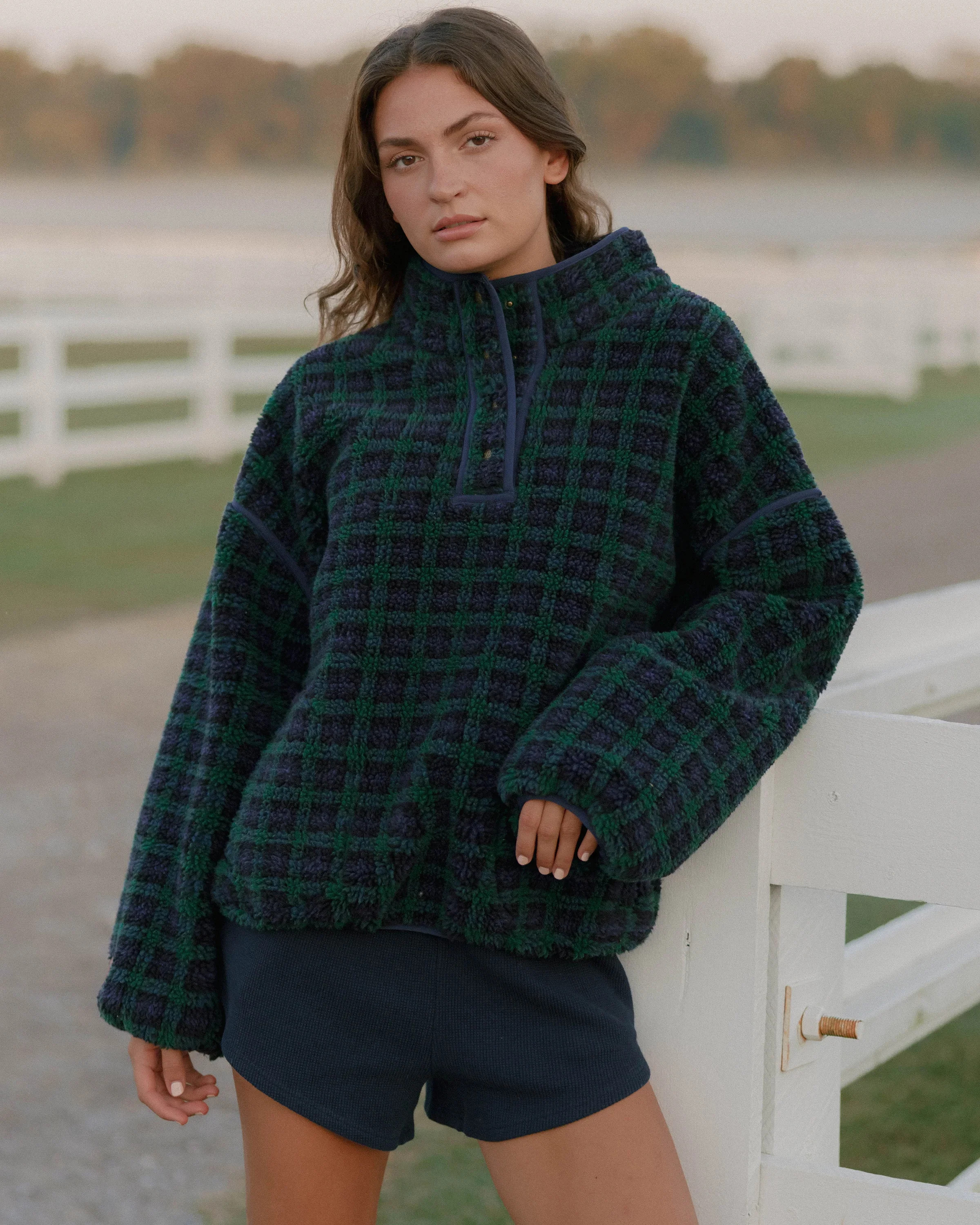 Plaid Fleece Pullover in Navy and Plaid | Eleven Eleven