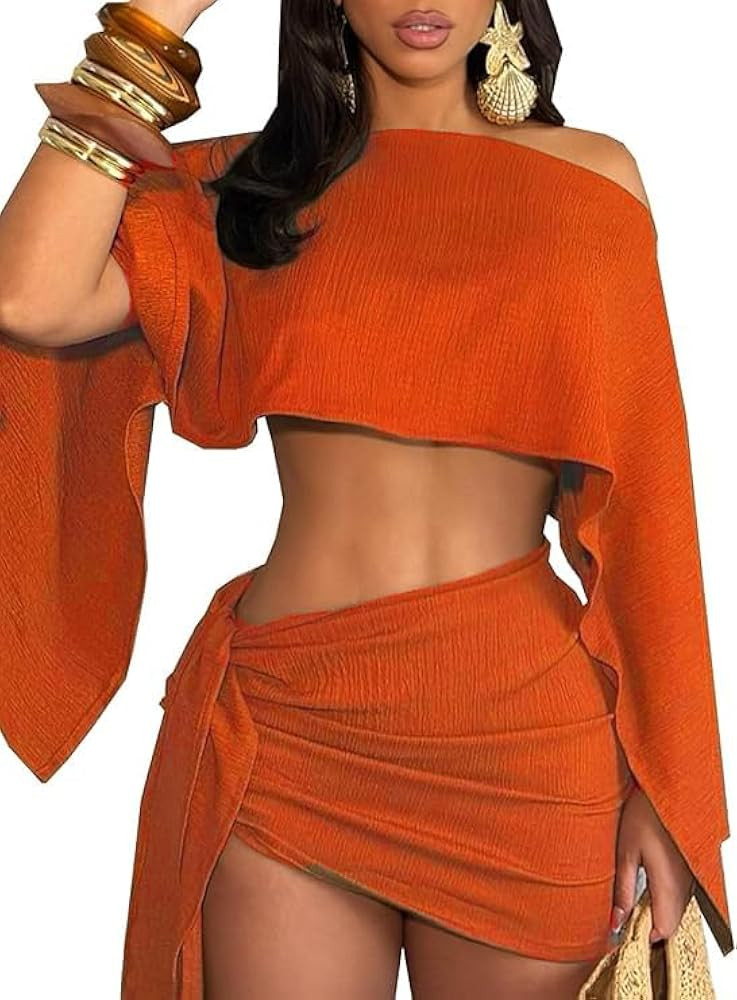 Women's 2 Piece Outfits Batwing Off Shoulder Irregular Crop Top and Mini Skirt Set Sexy Matching ... | Amazon (US)