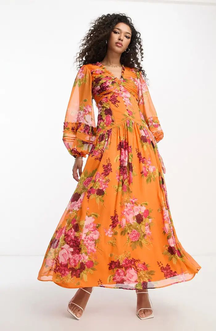 Floral Print Ruched Long Sleeve Chiffon Maxi Dress | Nordstrom