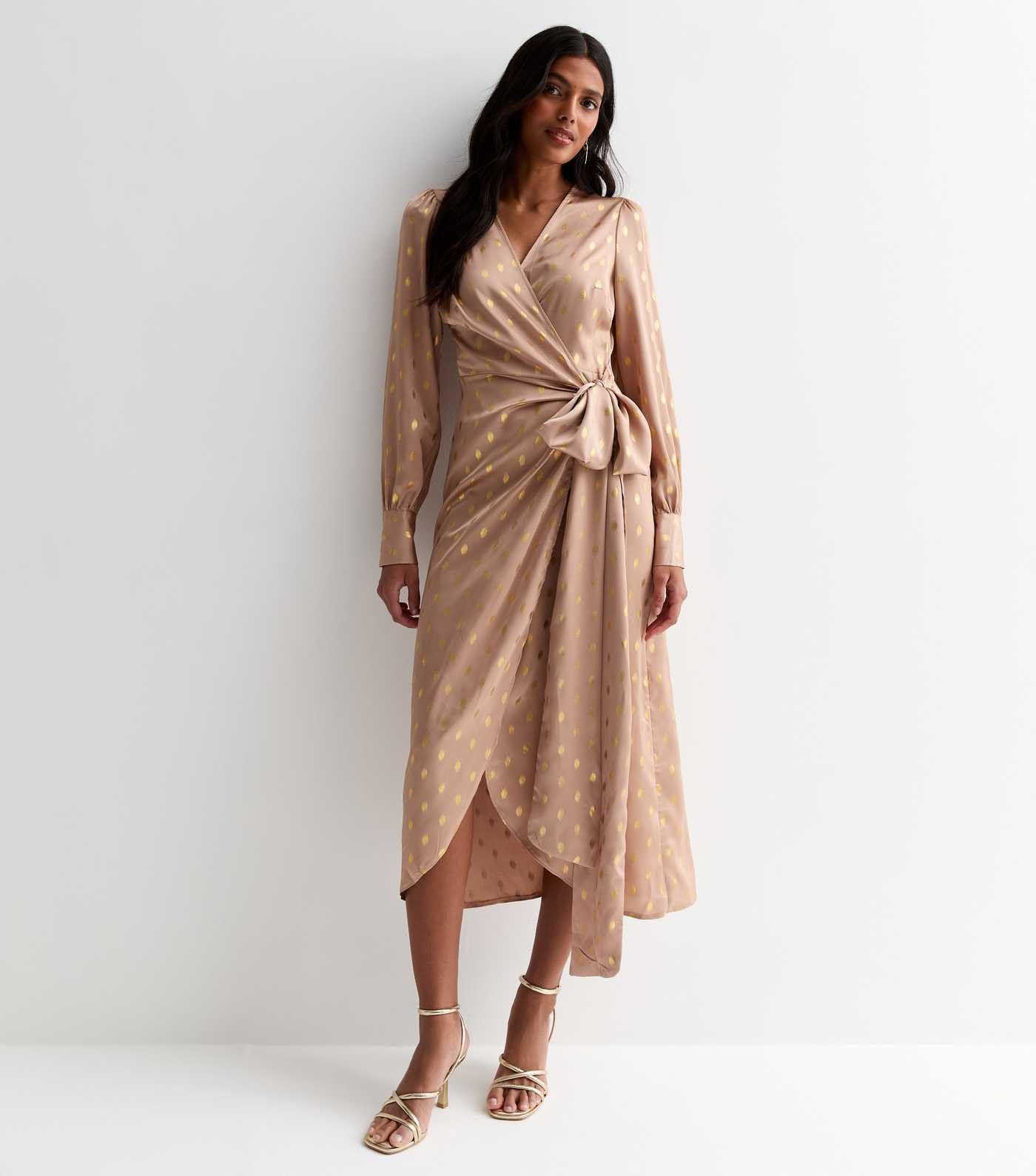 Light Brown Foil Print Long Sleeve Wrap Midi Dress | New Look | New Look (UK)