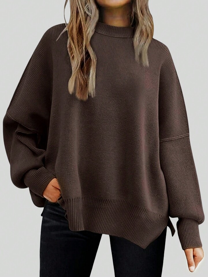 Solid Drop Shoulder Split Hem Sweater | SHEIN