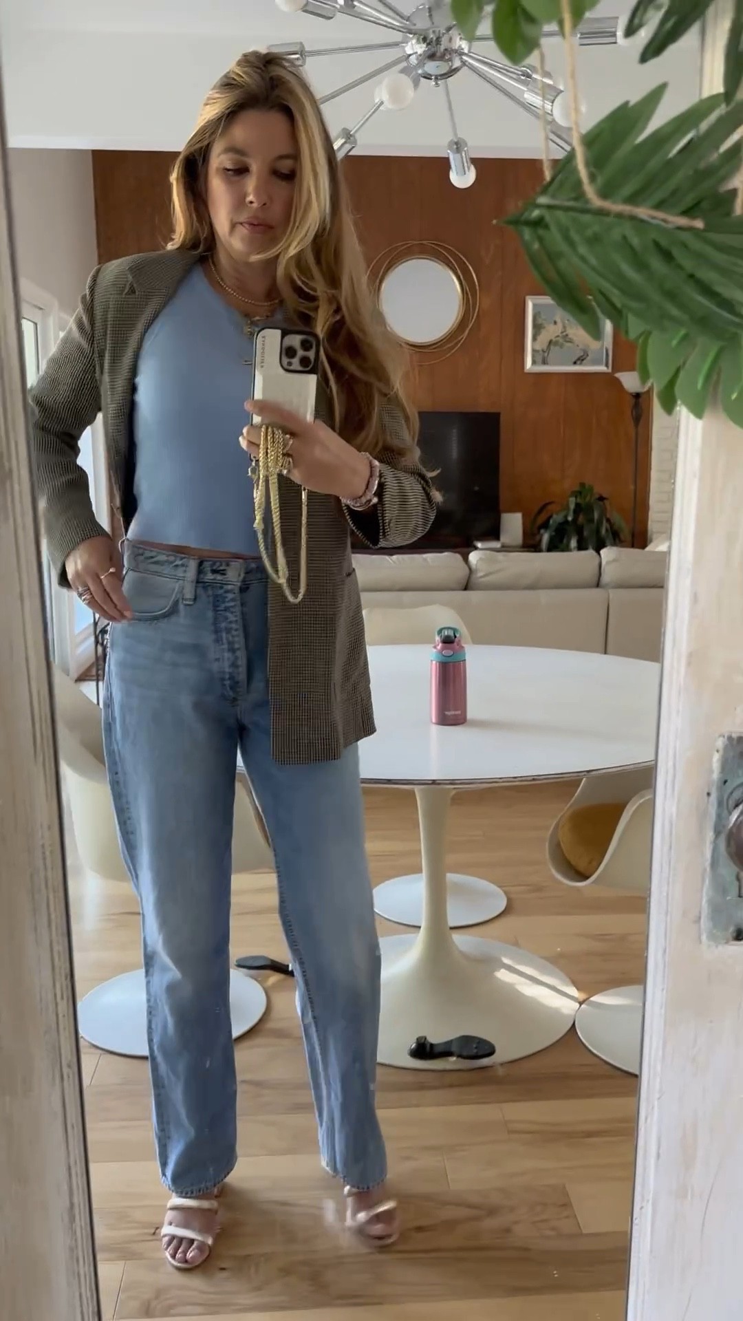 Blazer, straight leg jeans, blue tank, gold sandals 

Classics for a day of lecturing. 
Blazer: vintage max mara but linked similar options 
Jeans: 27
Top: medium 
Shoes: tts 
Foundation b40
Palette linked took care of face and eyes 
Lips: nude red and LA 

#LTKunder100 #LTKworkwear #LTKSeasonal