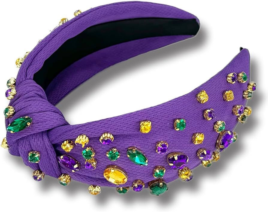 SZJULR Knotted Mardi Gras Headband for Women Sparkle Crystal Wide Mixed Rhinestone Colorful Purpl... | Amazon (US)