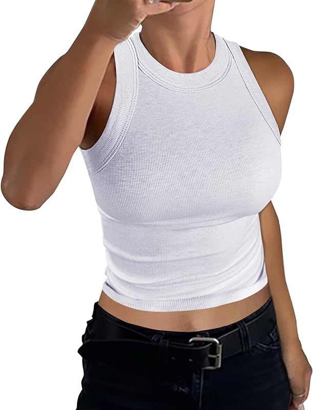 Womens High Neck Racerback Ribbed Crop Top Sleeveless Fitted Basic Cotton Cropped Tank Top Layers | Amazon (US)