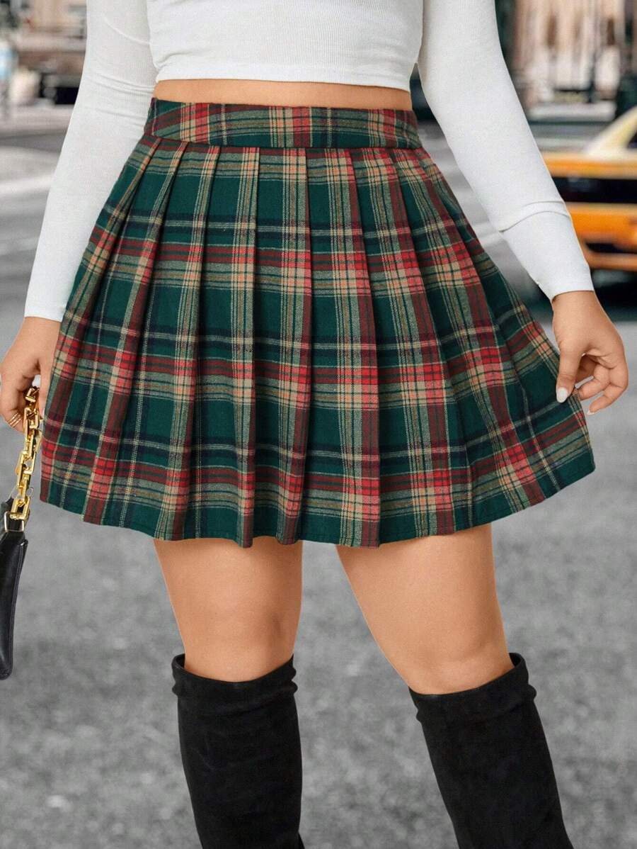 Celure Plus Tartan Print Pleated Skirt | SHEIN