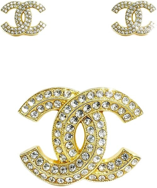 Crystal Rhinestone Logo Brooch and Stud Earrings Set, Gold | Amazon (US)