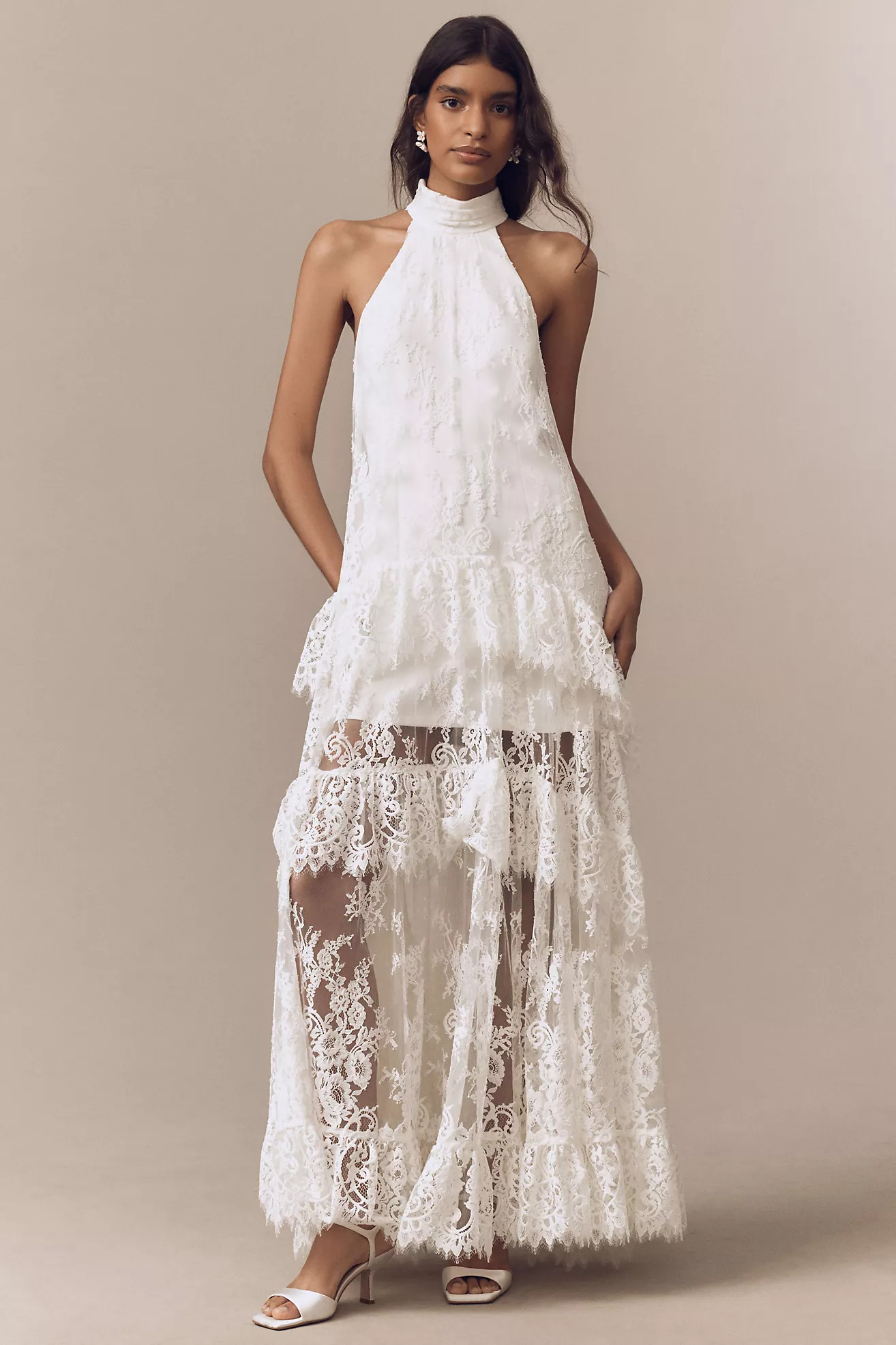 BHLDN Lace Halter Ruffle Peekaboo Maxi Dress | Anthropologie (US)