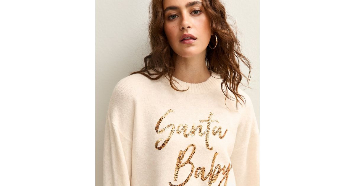 Cream Christmas Sequinned Santa Baby Slogan Jumper | New Look | New Look (UK)