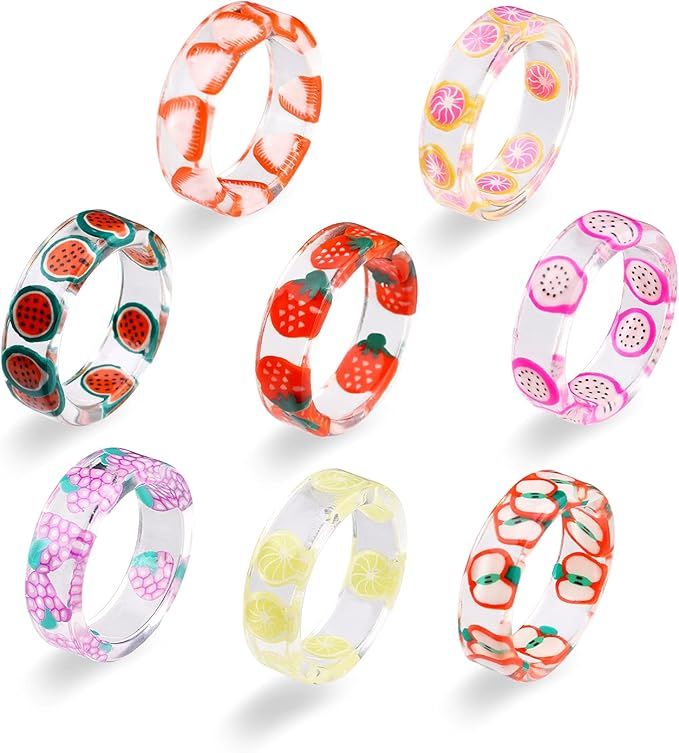 8Pcs Resin Rings for Women Acrylic Rings Set Colorful Index Finger Resin Fruit Rings Plastic Tran... | Amazon (US)