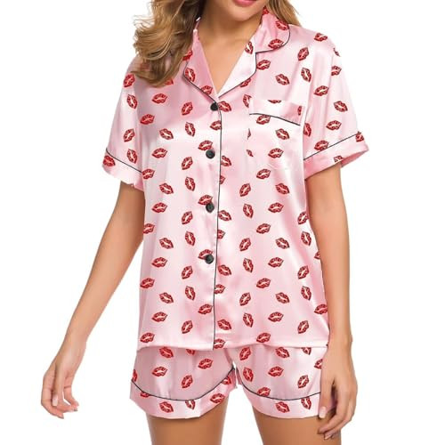 RUEWEY Valentine's Day Womens Satin Pajamas Set Hear Print Button Down Shirt Shorts Set 2 Piece Silk Pjs Sleepwear (B-Pink, S) | Amazon (US)