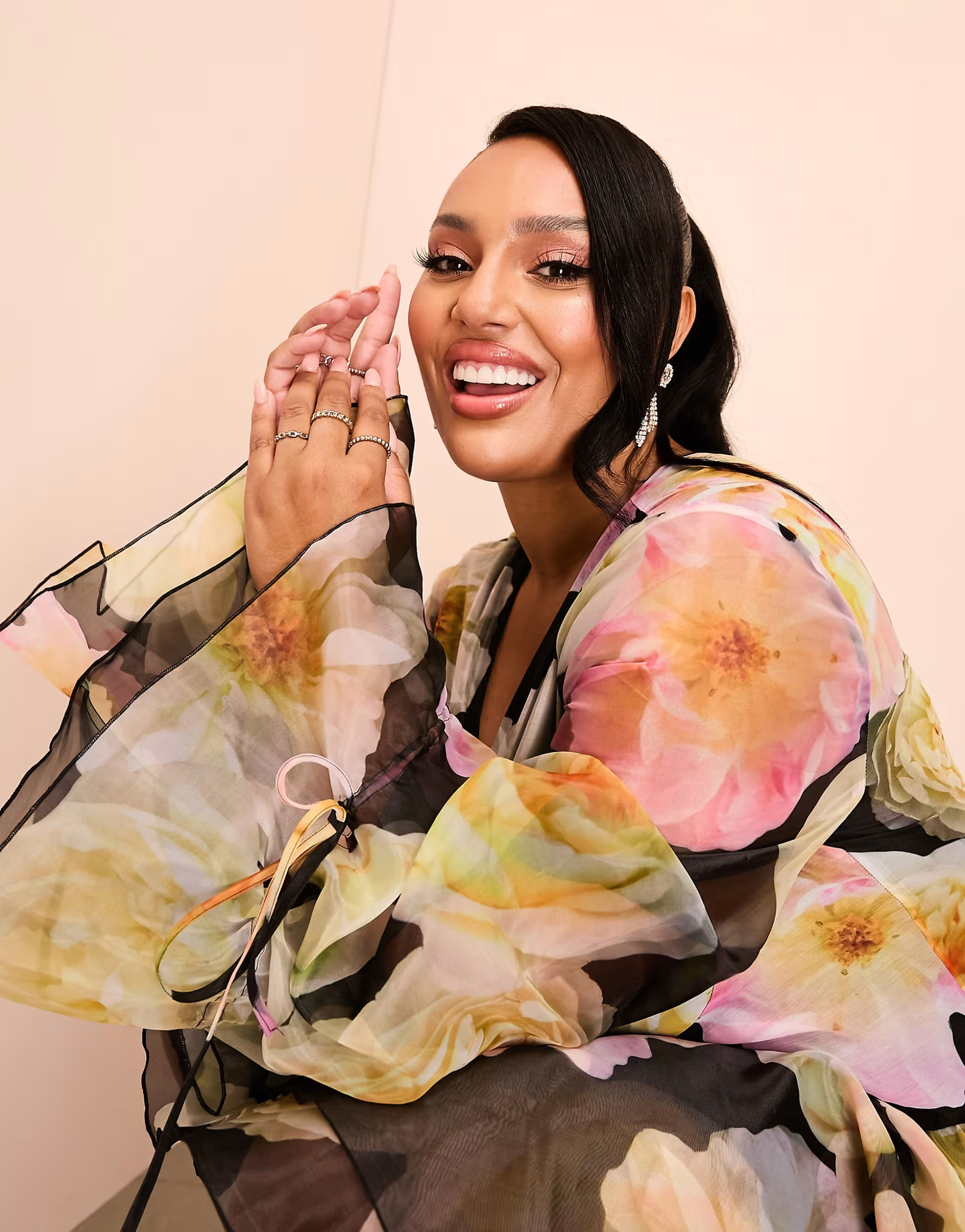 ASOS LUXE Curve cupped organza mini dress in black floral print | ASOS (Global)