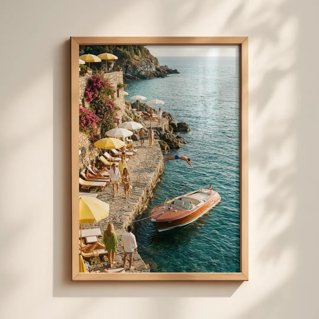 Italian Riviera Boat Print | Vintage Wooden Boat Wall Art | Amalfi Coast Yellow Umbrella | La Dol... | Etsy (Global)
