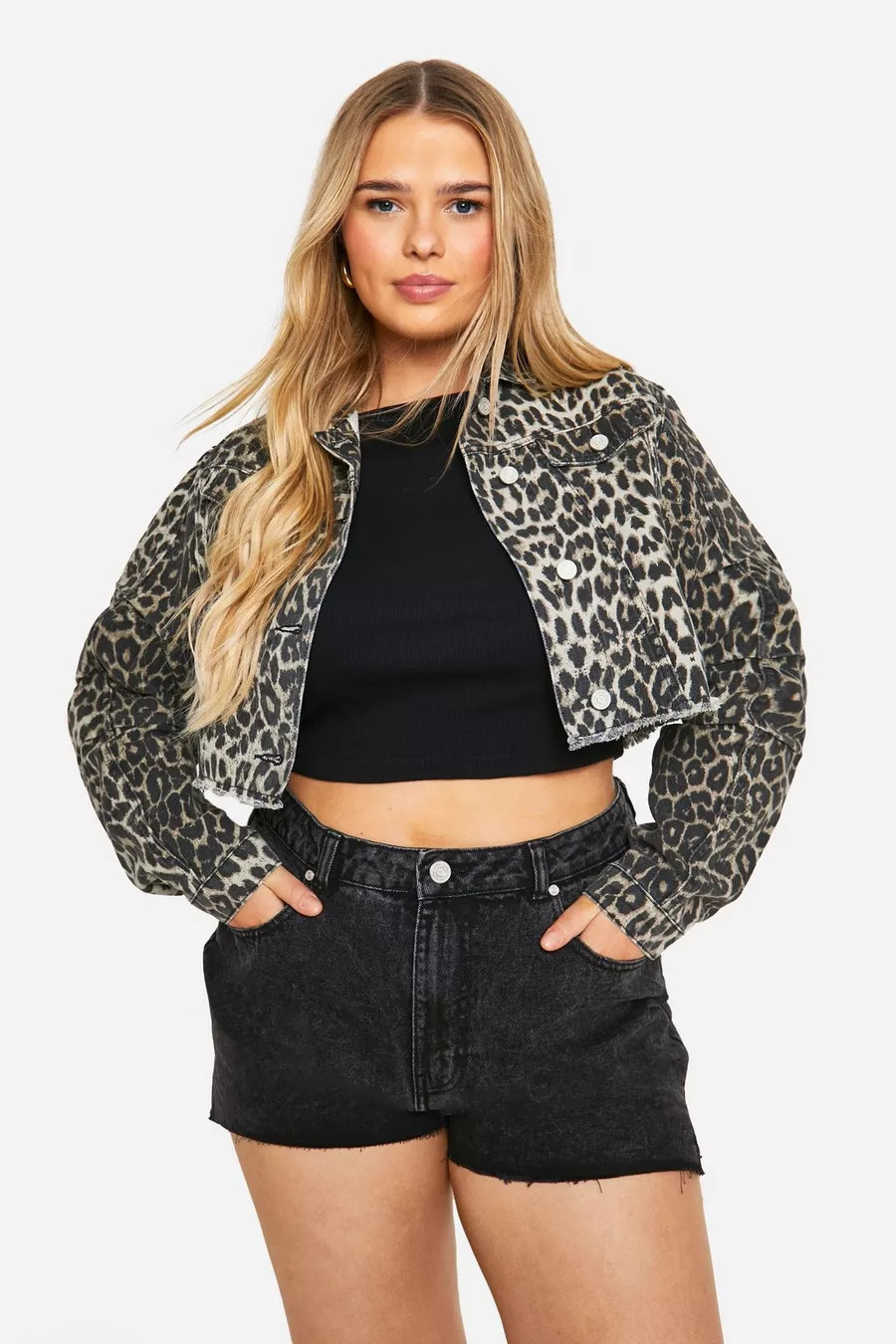 Plus Cropped Oversized Leopard Denim Jacket | boohoo (US & Canada)