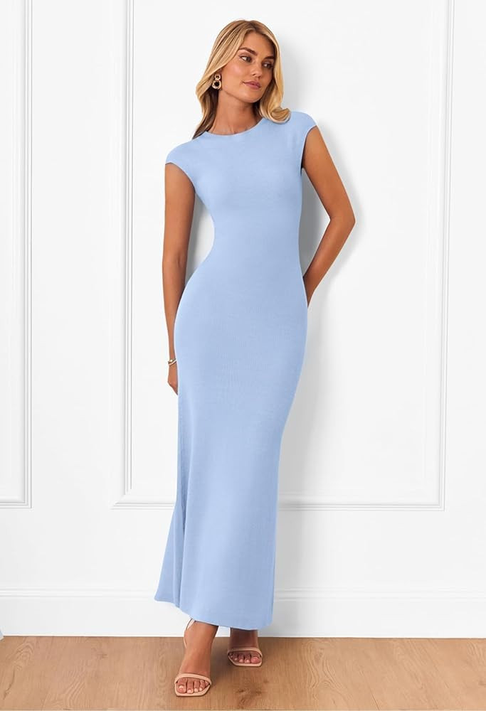 MEROKEETY Women's Cap Sleeve Rib Knit Maxi Dress Crew Neck Slim Fit Bodycon Summer Sweater Dresse... | Amazon (US)