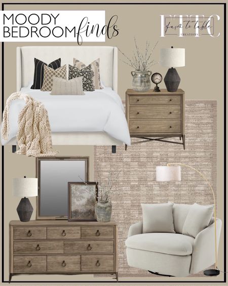 Moody Bedroom Finds. Follow @farmtotablecreations on Instagram for more inspiration.

Loloi Performance Sand Rug. Tilly Upholstered Bed. Regan Metal Nightstand. Regan 8 drawer dresser. Regan Wall Mirror. Kelci Resin Table Lamp. Nelida 47" Wide Upholstered Swivel Barrel Chair. Salcedo 78.4" Arched Floor Lamp. Premium Framed Canvas- Ready To Hang. Ardie Traditional Analog Metal Quartz Movement / Crystal Tabletop Clock in Antique Black/Antique White. Hotham Handmade Terracotta Table Vase. Bungert Handmade Terracotta Table Vase. SOFA PILLOW COMBO || Set Of Five Designer Pillow Covers, Neutral Pillow Combo, Sofa Pillow Combo, Sectional Pillow Set, Pillow Set. 31" FAUX PUSSY WILLOW STEM. Colossal hand knit throw. Pottery Barn. Wayfair Sale. Moody bedroom. Moody bedroom vibes. Bedroom decor. Bedroom furniture. 






#LTKsalealert #LTKfindsunder50 #LTKhome