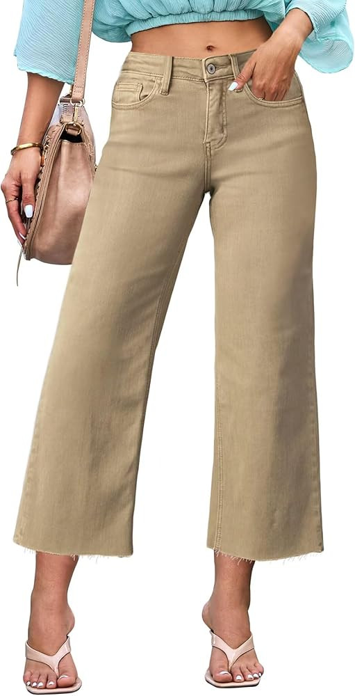 Allimy Women's High Waisted Straight Ankle Wide Leg Ripped Jeans Frayed Hem Stretchy Capri Denim ... | Amazon (US)