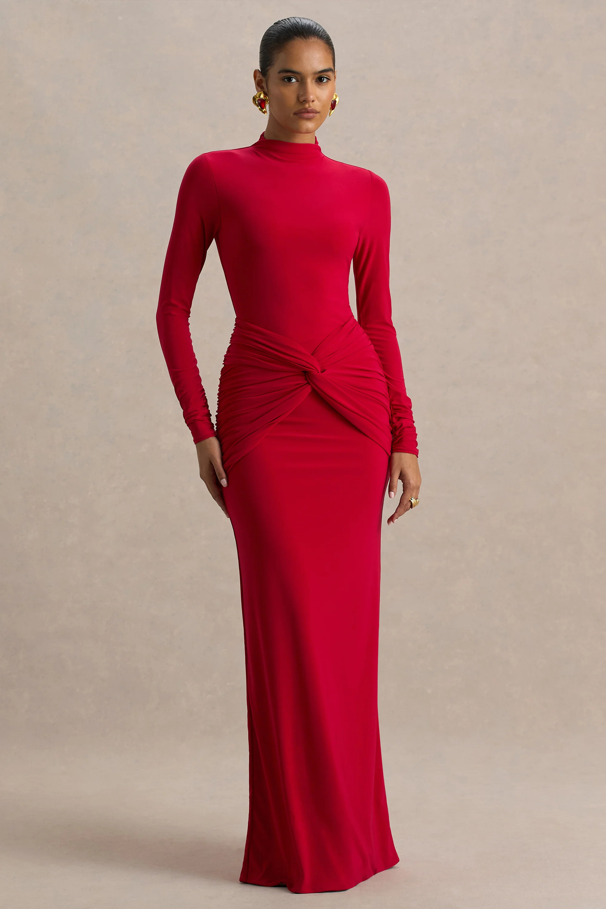 Alula | Red High-Neck Maxi Dress With Twist Detail | Club L London