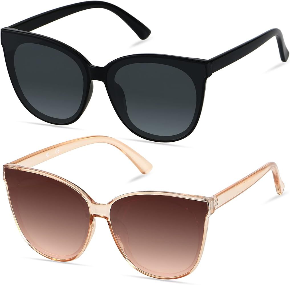 LYZOIT Oversized Cat Eye Sunglasses for Women Big Large Cateye Frame Shades 2 Pack Fashion Vintag... | Amazon (US)