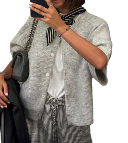 Women Lightweight Knitted Cardigan Shirt Short Sleeve Button Down Sweater Cardigan Y2k Open Front Loose Ribbed Shirt(Basic Grey,Medium) | Amazon (US)